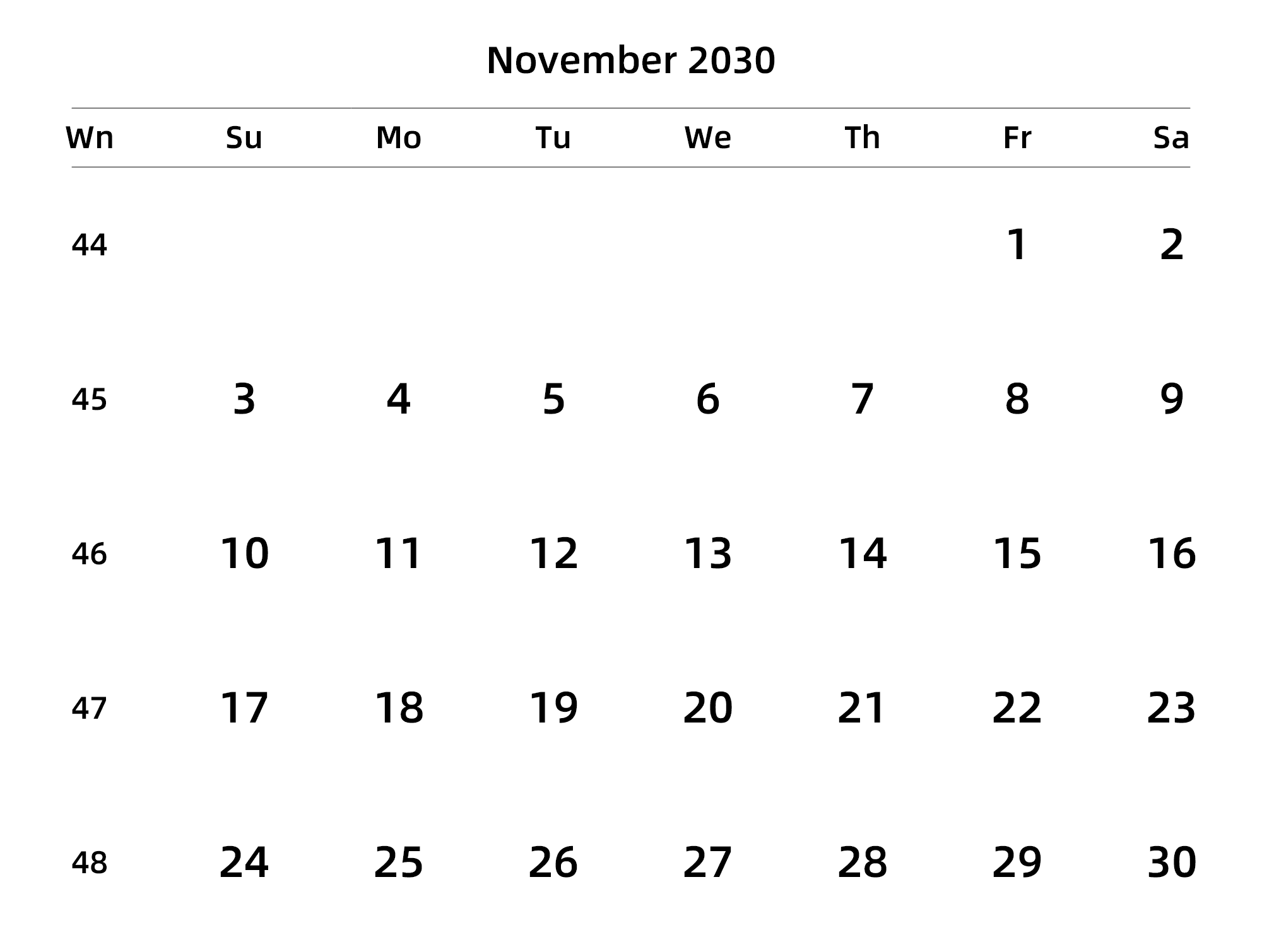英文版 周日开始 带周数