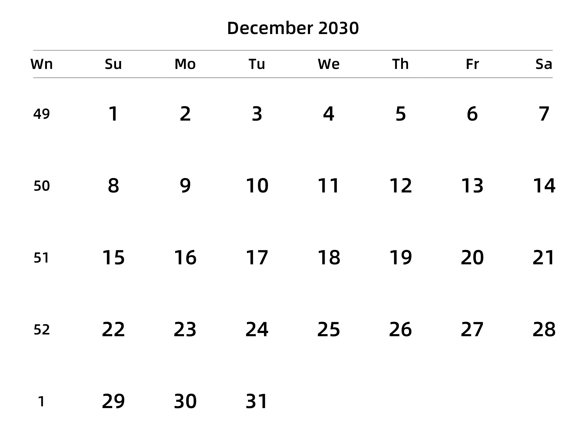 英文版 周日开始 带周数